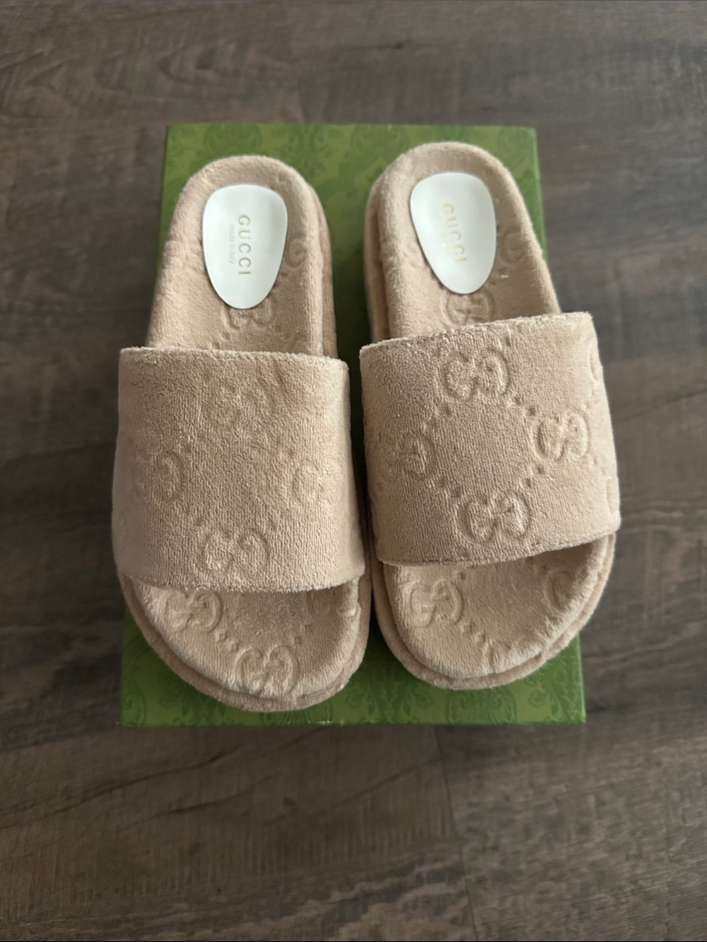 Gucci Beige Terry GG Embossed Slide Sandals